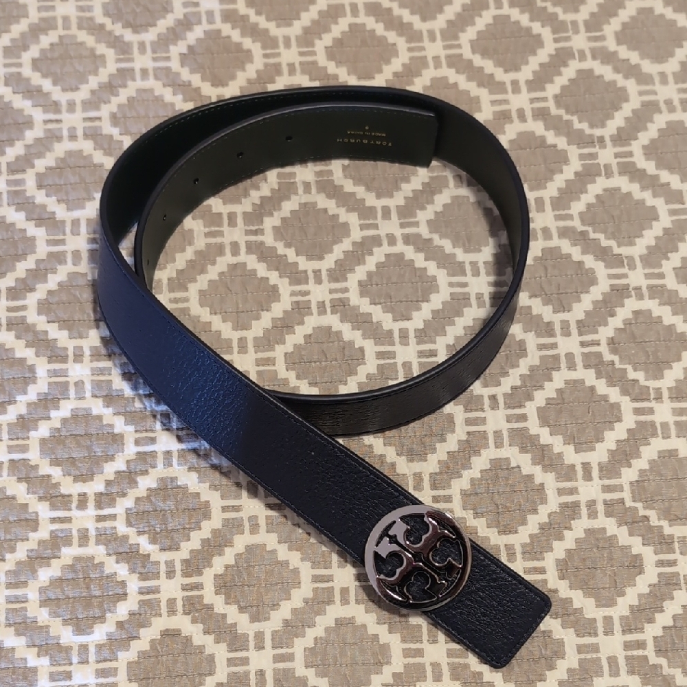 Tory Burch Navy Reverse To Dark Green Leather Belt